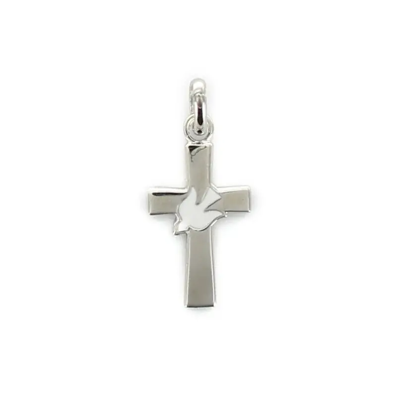 Croix en argent avec colombe blanche incrustée de 1,5 cm