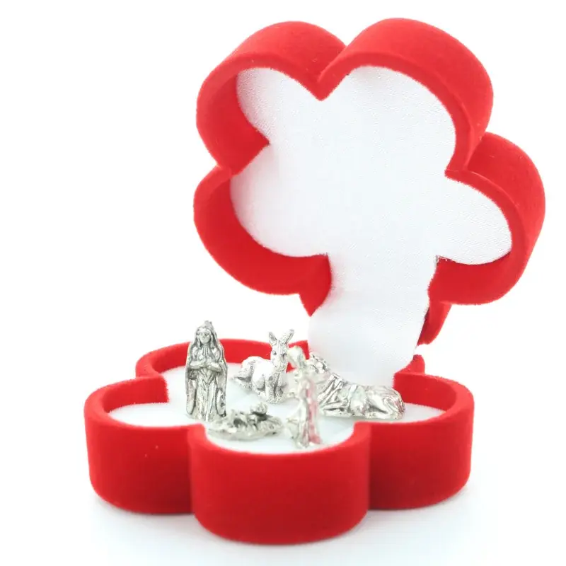 Mini crèche en métal dans coffret en velours forme fleur
