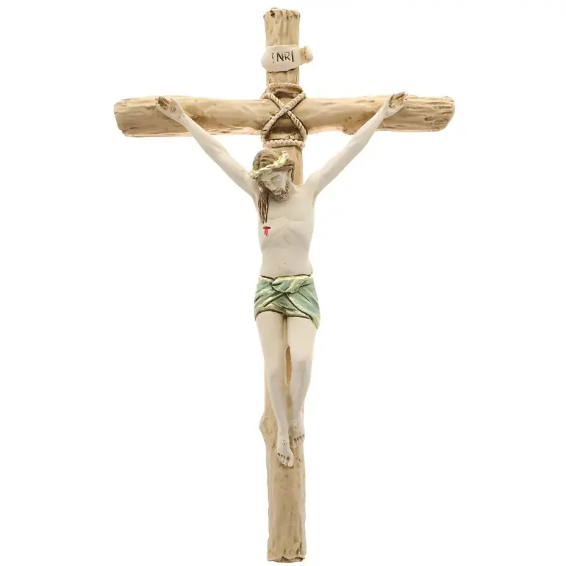 Crucifix Christ en résine , croix imitation bois 22 cm