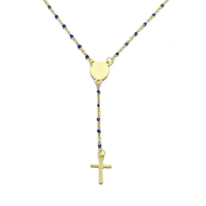 Collier chapelet en Acier doré avec perles bleues