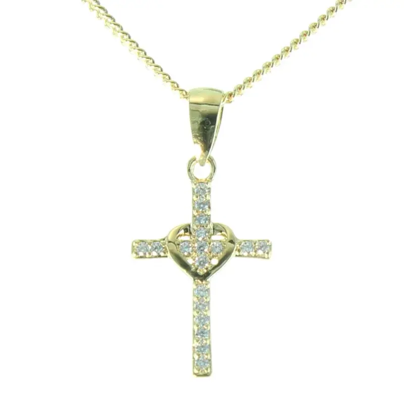 Parure Plaqué Or, Chaine et pendentif Croix avec strass 20mm
