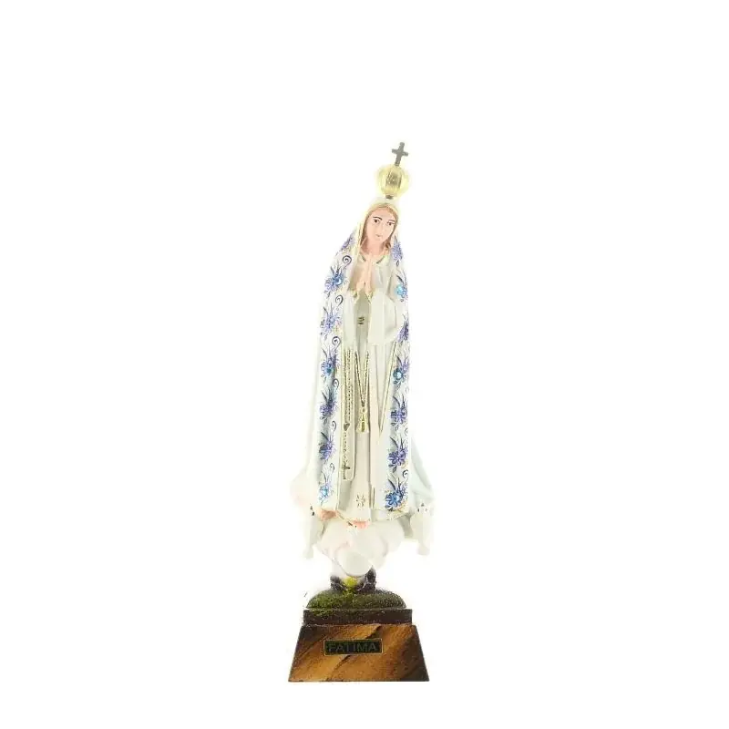 Statue de Fatima vêtue d'un manteau fleuri bleu 18cm