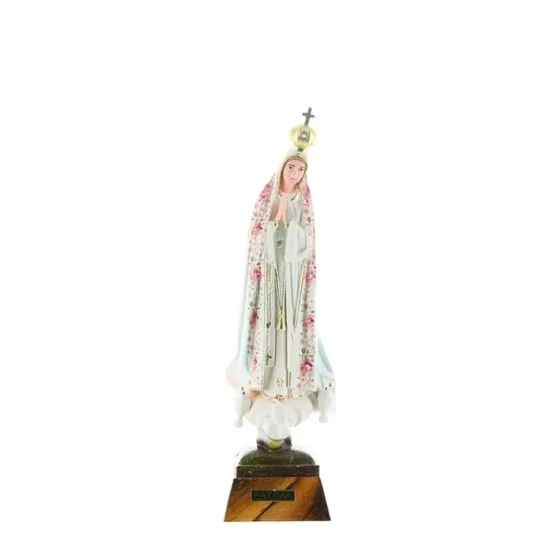 Statue de Fatima vêtue d'un manteau fleuri rose 18cm