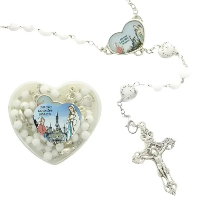 Chapelet souvenir des 160 ans de Lourdes en verre blanc en boite