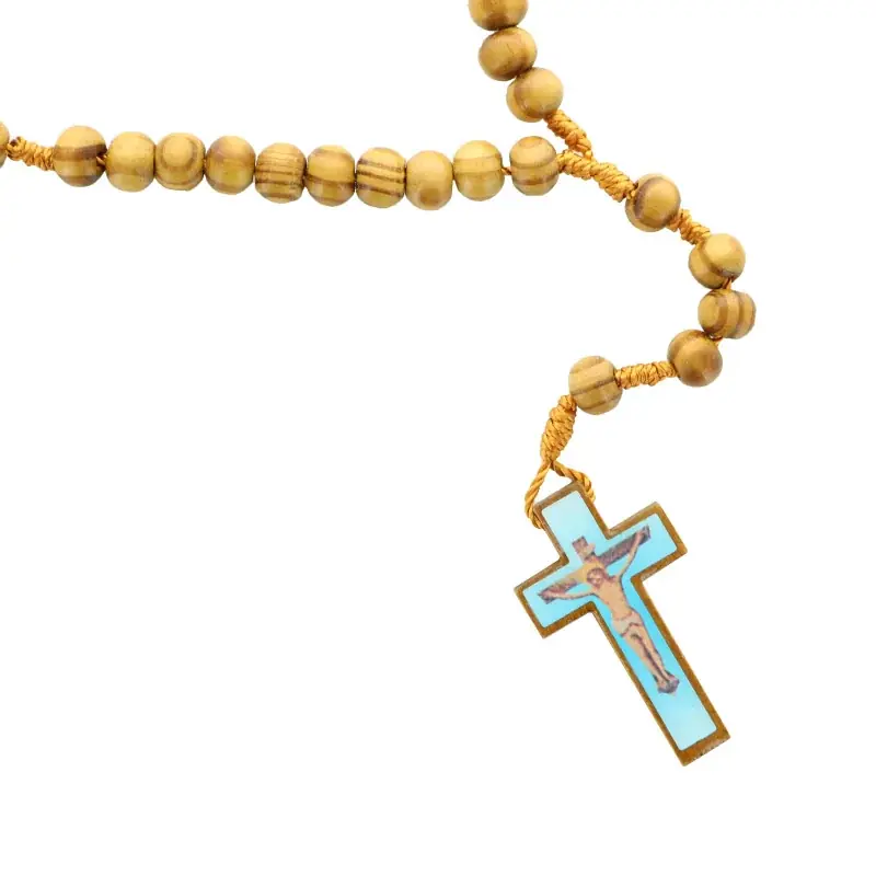 Chapelet en bois d'olivier avec illustration du Christ