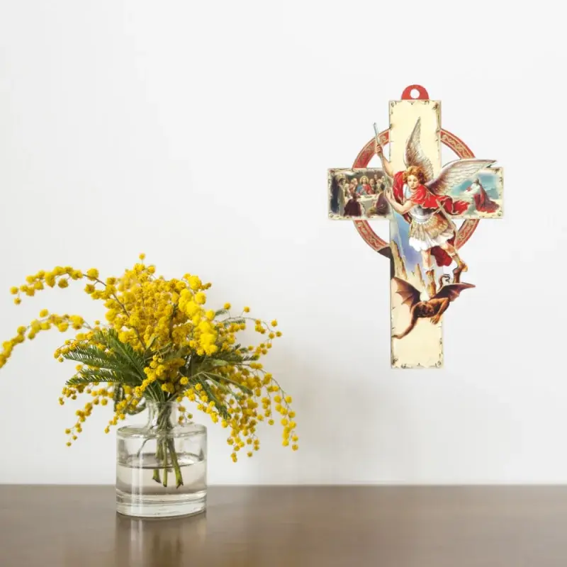 Croix de l'Archange Saint Michel en bois avec illustration