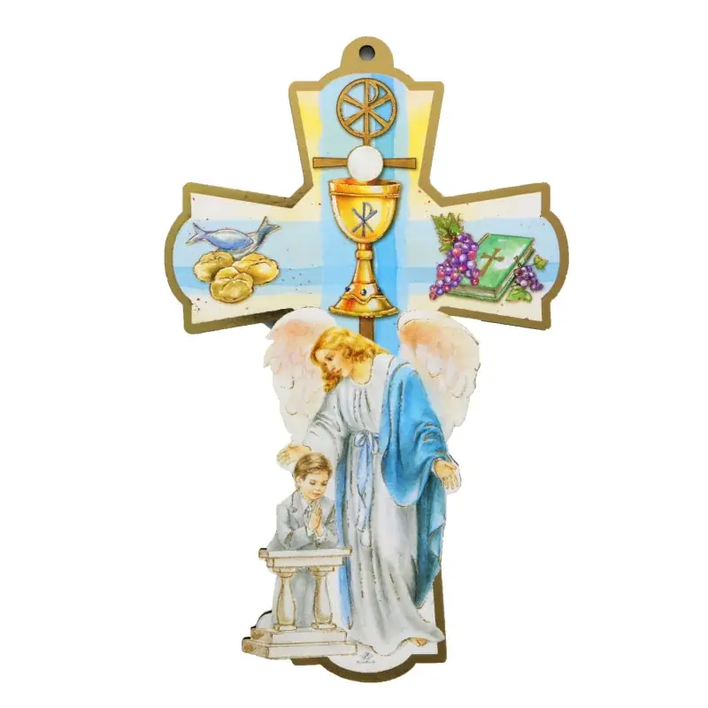 croix de Communion bleu en bois décoré