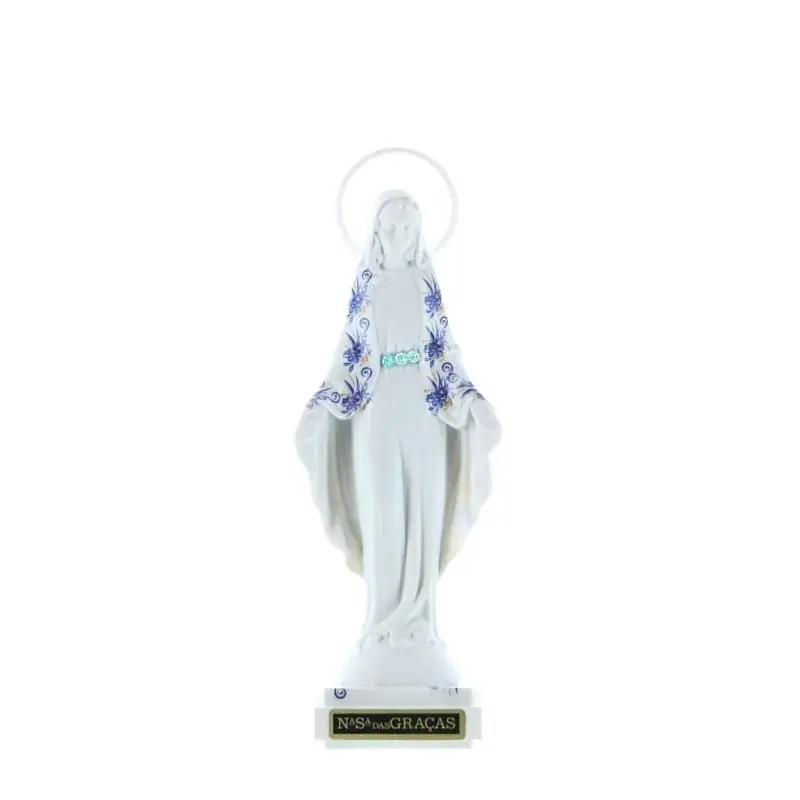 Statue de la Vierge Miraculeuse robe blanche et manteau fleuri en résine 16cm