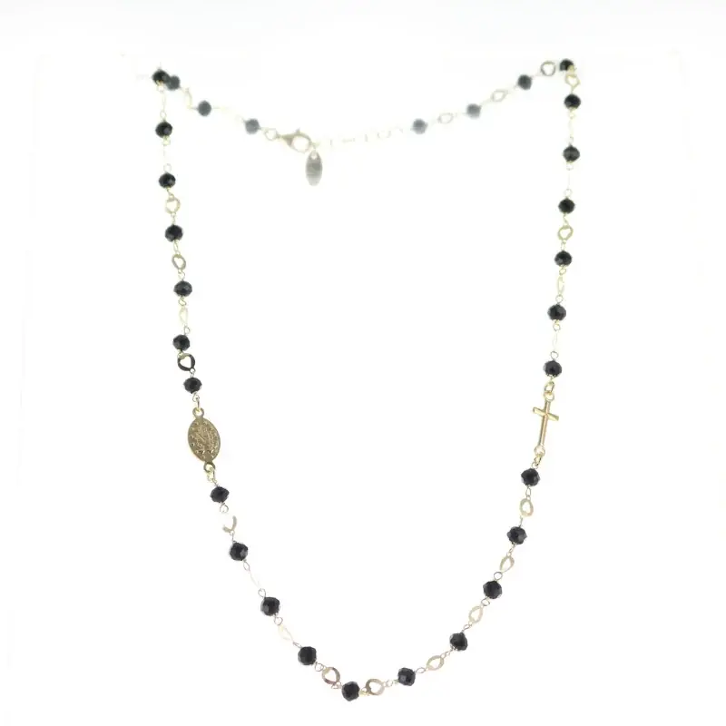 Collier chapelet en argent doré avec croix noire et médaille miraculeuse