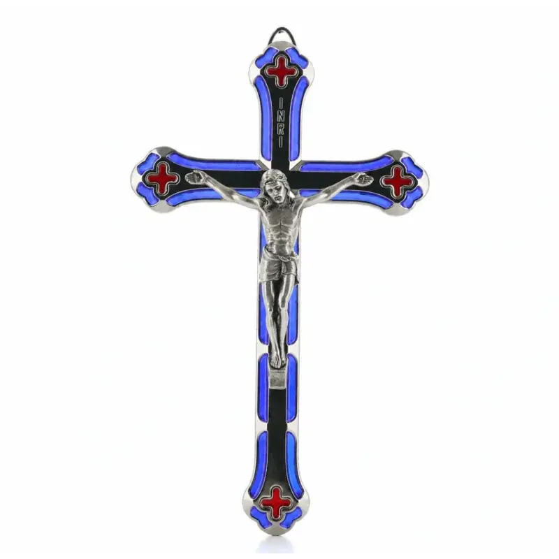 Crucifix émaillé en métal argenté 18 cm