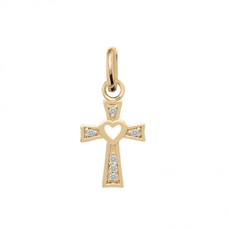 Pendentif croix plaqué or avec strass et coeur ajouré 12 mm