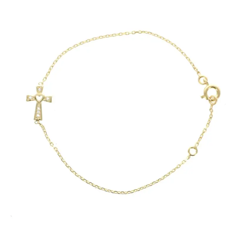Bracelet en plaqué or avec croix strass et coeur ajouré