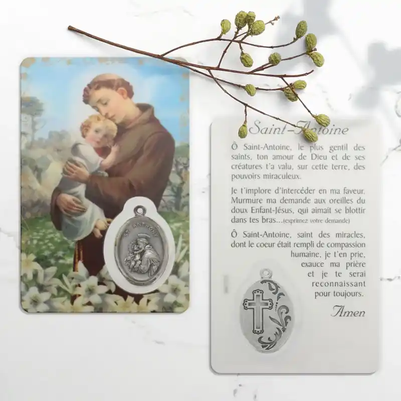 Carte de prière de Saint Antoine avec médaille