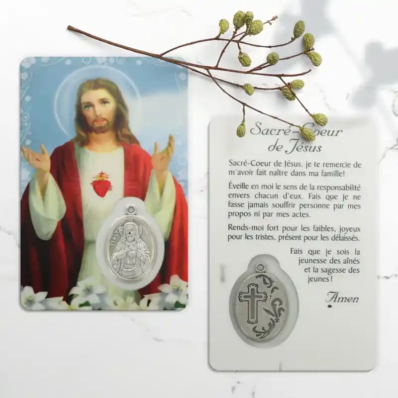 Carte de prière de Sacré Coeur de Jésus avec médaille