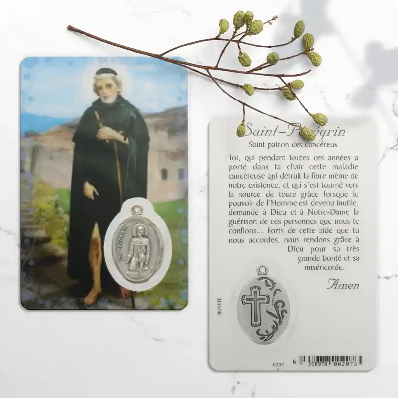 Carte de prière Saint Pérégrin avec médaille