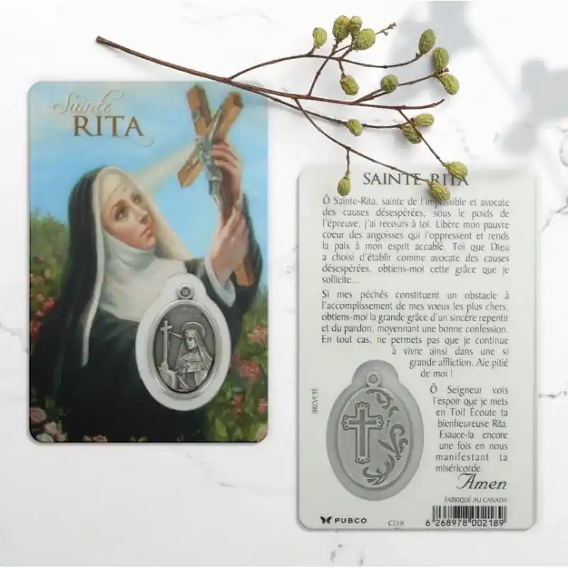Carte de prière Sainte Rita avec médaille