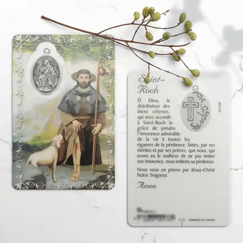 Carte de prière Saint Roch avec médaille