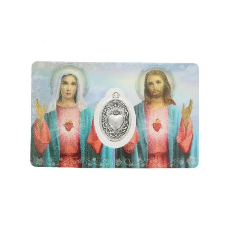 Carte de prière Sacré Coeur de Jésus et Marie avec médaille