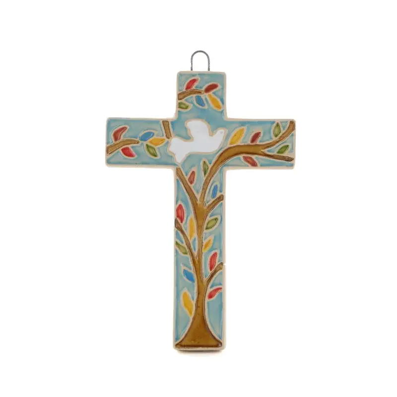 Croix Religieuse en Céramique décorée d'une Colombe 10cm