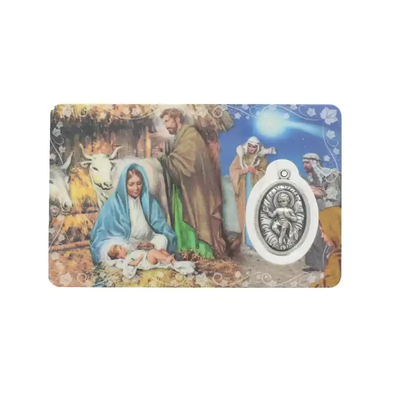 Carte prière de la Nativité avec médaille du Christ