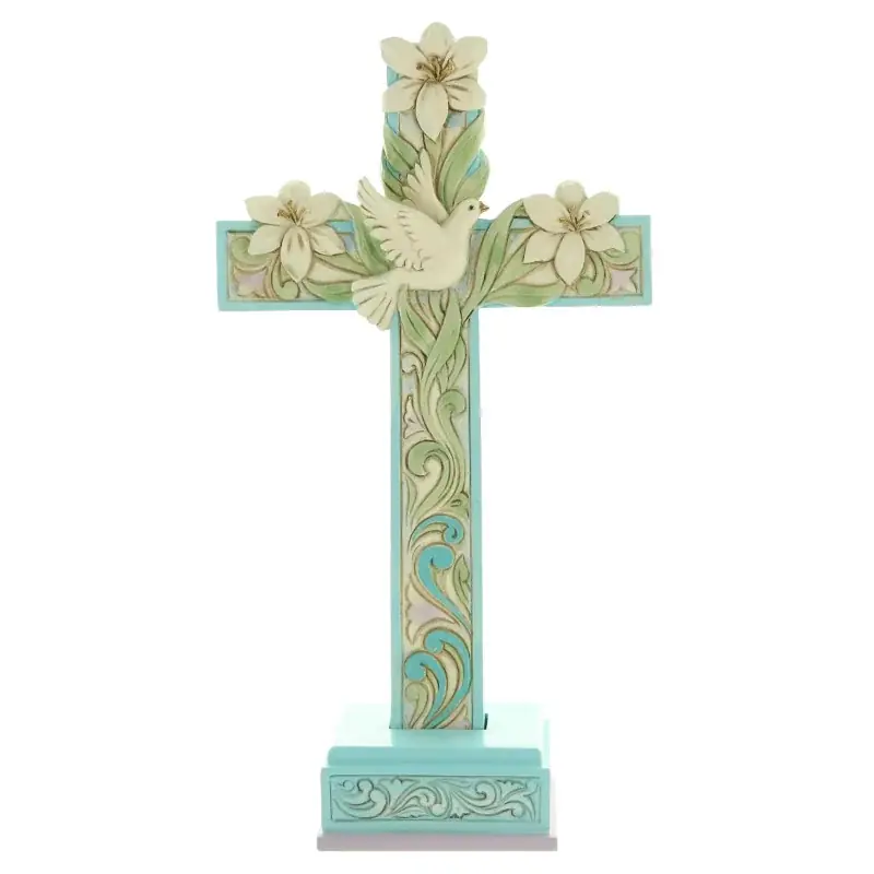 Croix à poser avec des lys et une colombe de 18cm