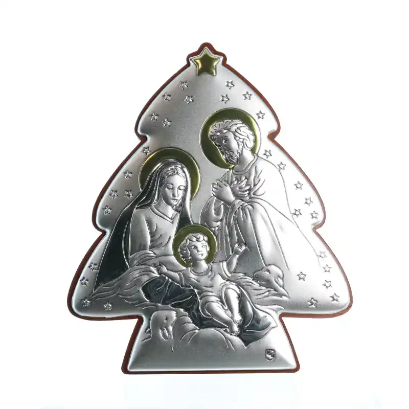 Cadre de la Sainte Famille en forme de Sapin argenté 10cm