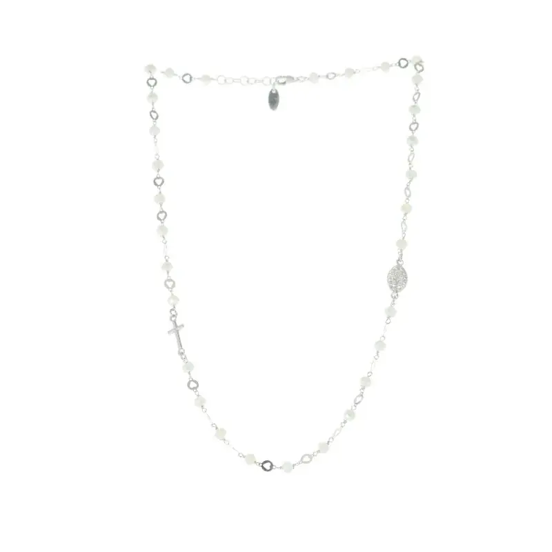 Collier blanc en argent avec perles en verre, croix argent et Miraculeuse