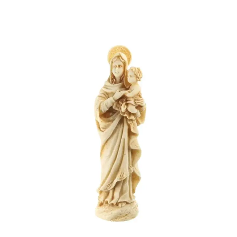 Statue de la Vierge à l'enfant en pierre et résine 15cm beige