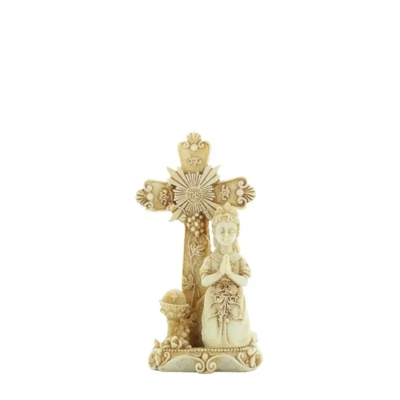 Croix à poser avec un ange en pierre et résine 12cm