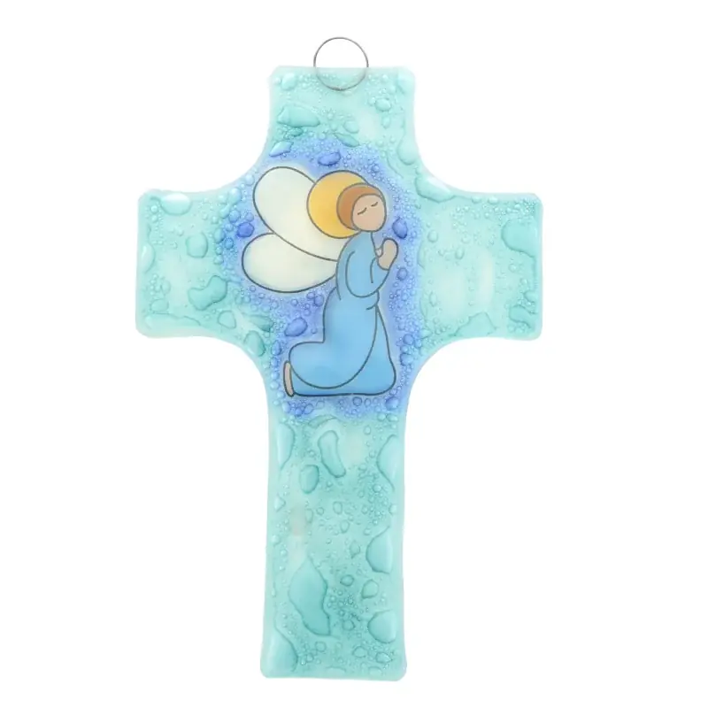 Croix religieuse en verre illustrée d'un ange priant 8x12cm