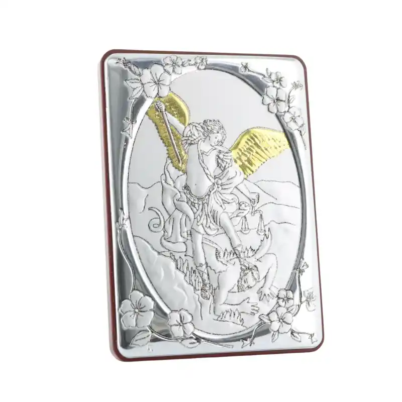 Cadre de l'Archange Saint Michel en bois et argent 7x14cm