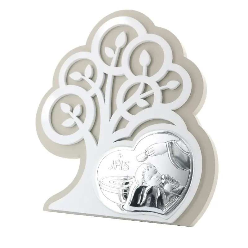 Cadre de Baptême avec coeur et arbre de vie en argent 14x15cm