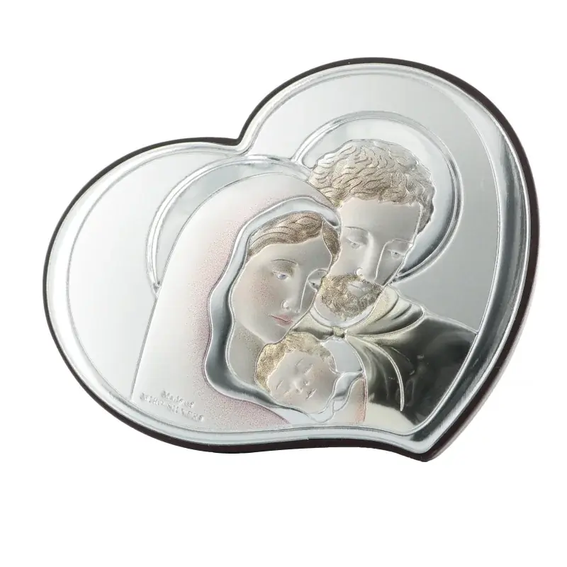 Cadre de la Sainte Famille en forme de coeur en argent et bois