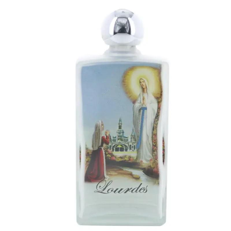 Flacon en verre coloré rempli de 90 ml d'eau de Lourdes