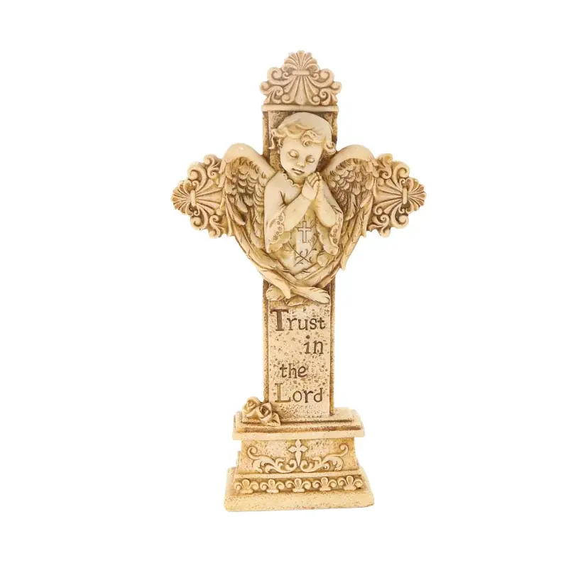 Croix pied avec ange 21cm en pierre et resine beige