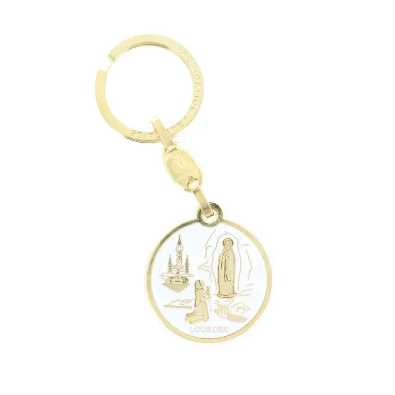 Porte clé rond de l'Apparition de Lourdes en métal doré émaillé blanc