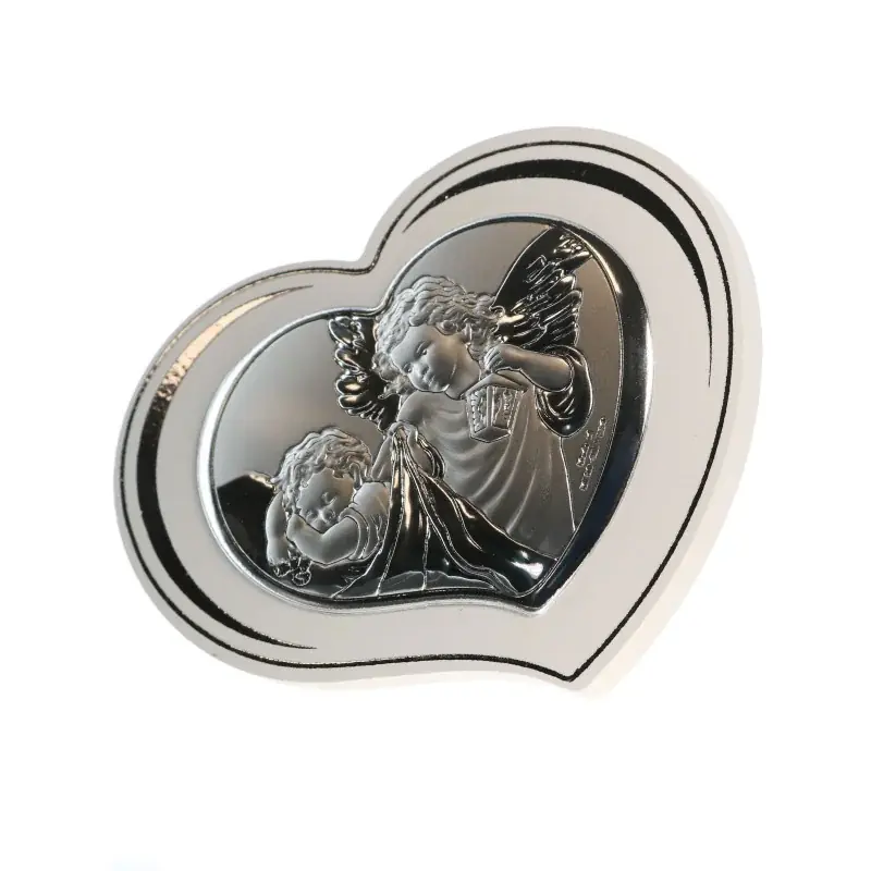 Cadre Coeur Ange Gardien plaque argentée sur bois 11x8cm