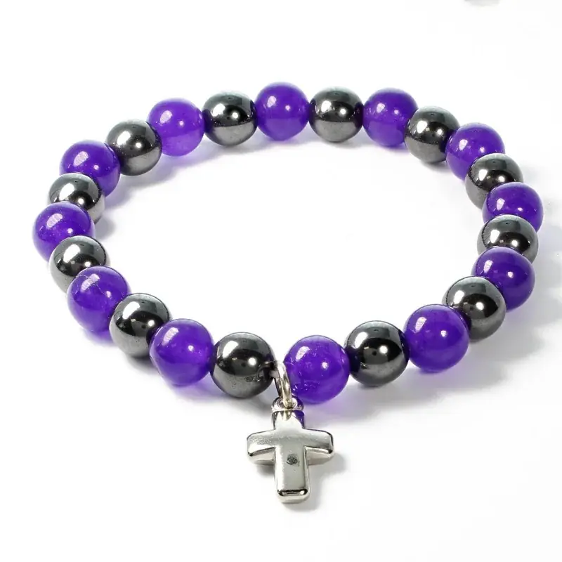 Bracelet en pierres naturelles d'Hématite et Améthyste avec croix