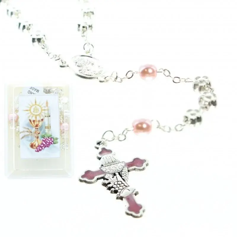 Chapelet de communion rose avec fleurs argentées et sa boîte