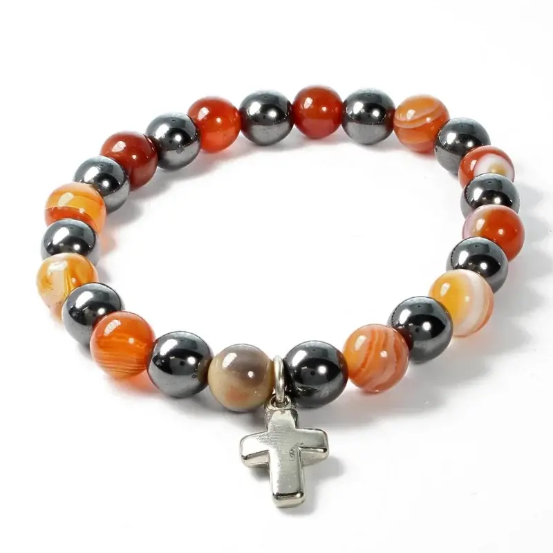 Bracelet en pierres naturelles d'Hématite et Cornaline avec croix