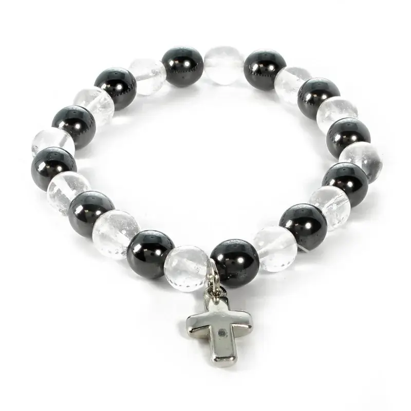Bracelet en pierres naturelles d'Hématite et Cristal avec croix