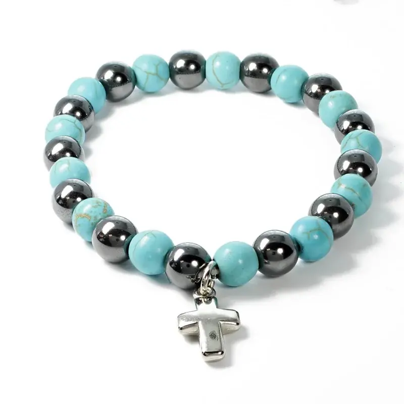 Bracelet en pierres naturelles d'Hématite et Turquoise avec croix