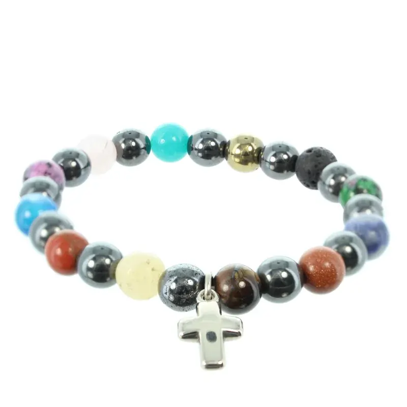Bracelet en différentes pierres naturelles d'Hématite avec croix