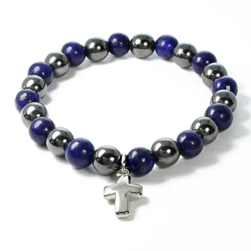 Bracelet en pierres naturelles d'hématite et Lapis Lazuli avec croix