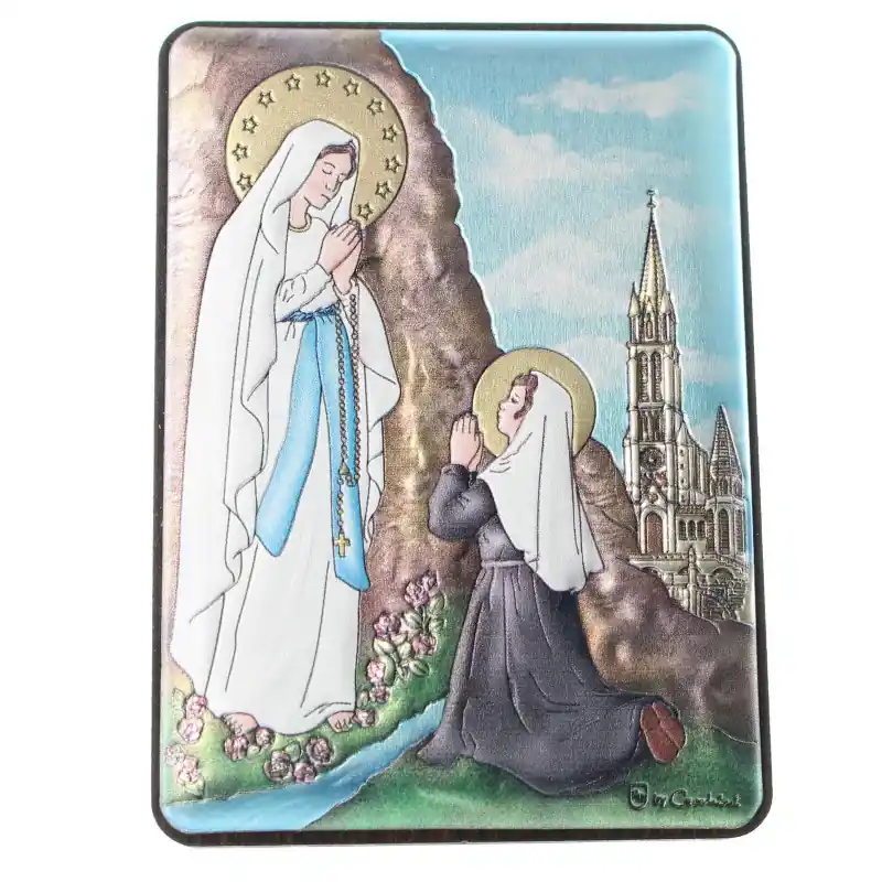Cadre Apparition de Lourdes sur plaque métal 17x10cm