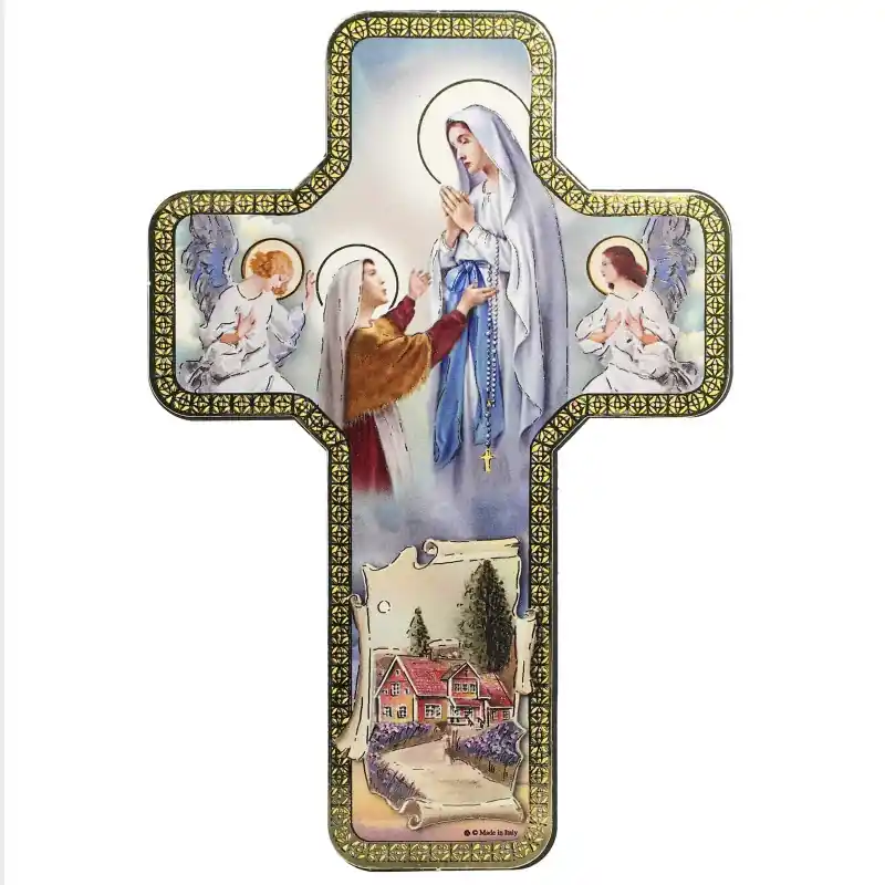 Croix décorative de l'Apparition de Lourdes avec des anges 18x12cm