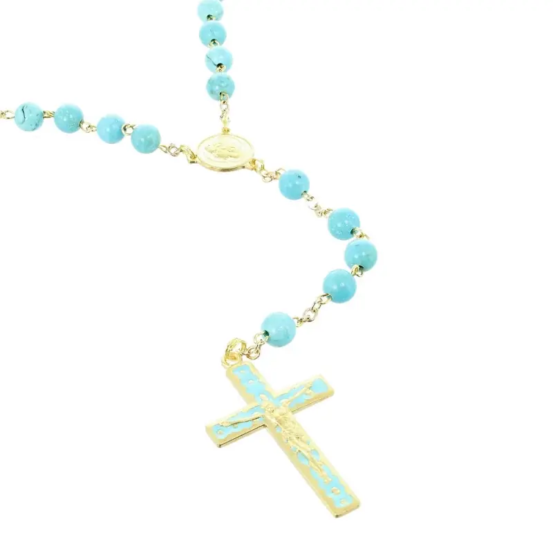 Chapelet doré en Pierres de Turquoise de 6mm avec croix émaillée