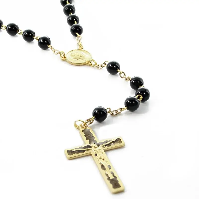 Chapelet doré en pierres d'Agate Noire de 6mm avec croix émaillée