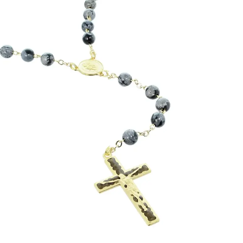 Chapelet doré en pierres Obsidienne de 6mm avec croix émaillée