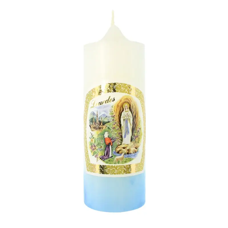 Bougie blanche et bleue Apparition de Lourdes 6x15cm